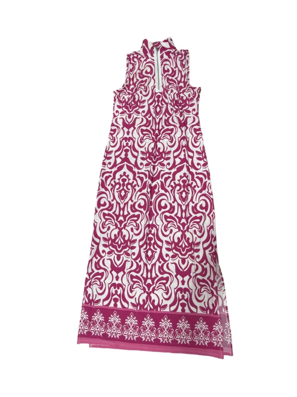 MSK Pink & White Print Sleeveless Maxi Dress Mock Neck Quarter Zip Medium